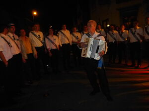 Die Kerweborsch am Montagabend mit dem Quetschkommodspieler an der Krone